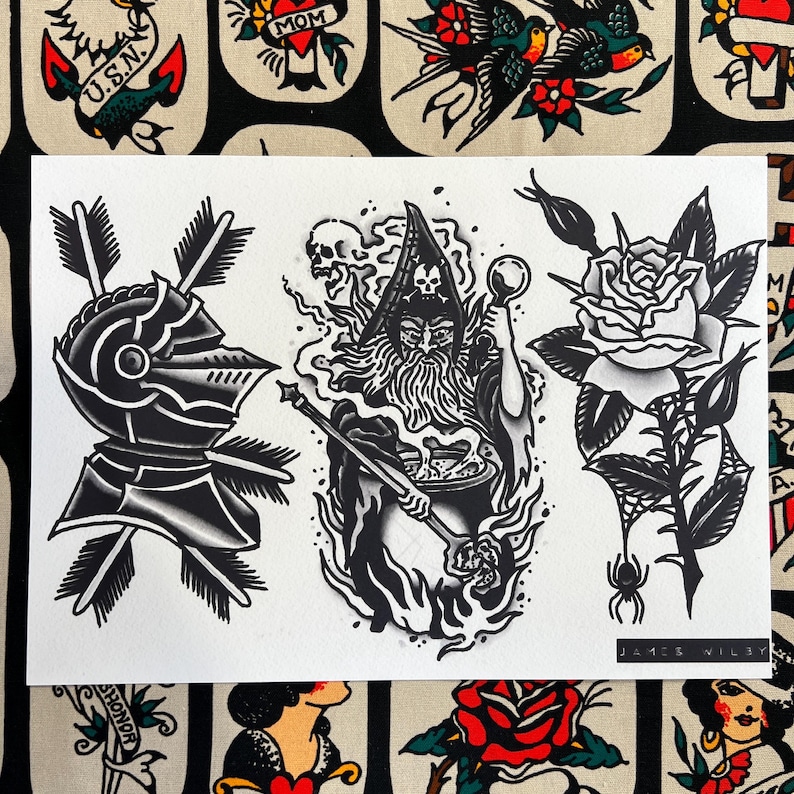 Blackwork Set 1 A4 TATTOO FLASH SHEET Set | Traditional Flash | Tattoo ...