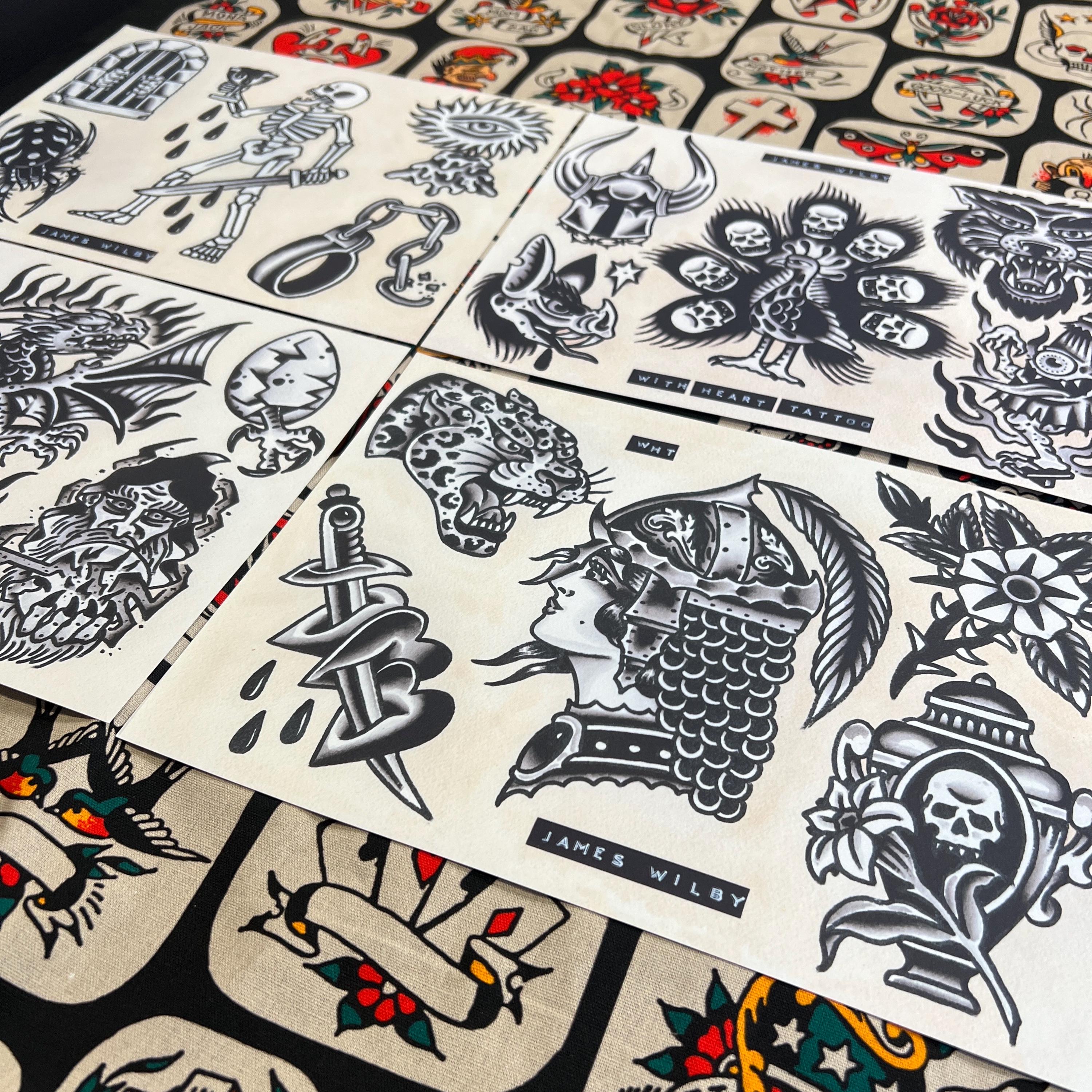 Blackwork A4 TATTOO FLASH SHEET Set | Traditional Flash | Tattoo