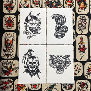 Blackwork, lot de 3 feuilles A5 pour tatouage | Flash traditionnel | Impression flash de tatouage