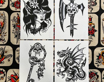 Blackwork Set 4 A5 TATTOO FLASH SHEET | Traditional flash | tattoo flash print