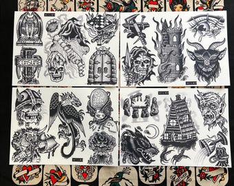 Blackwork Set 3 A4 TATTOO FLASH SHEET set | Traditional flash | tattoo flash print