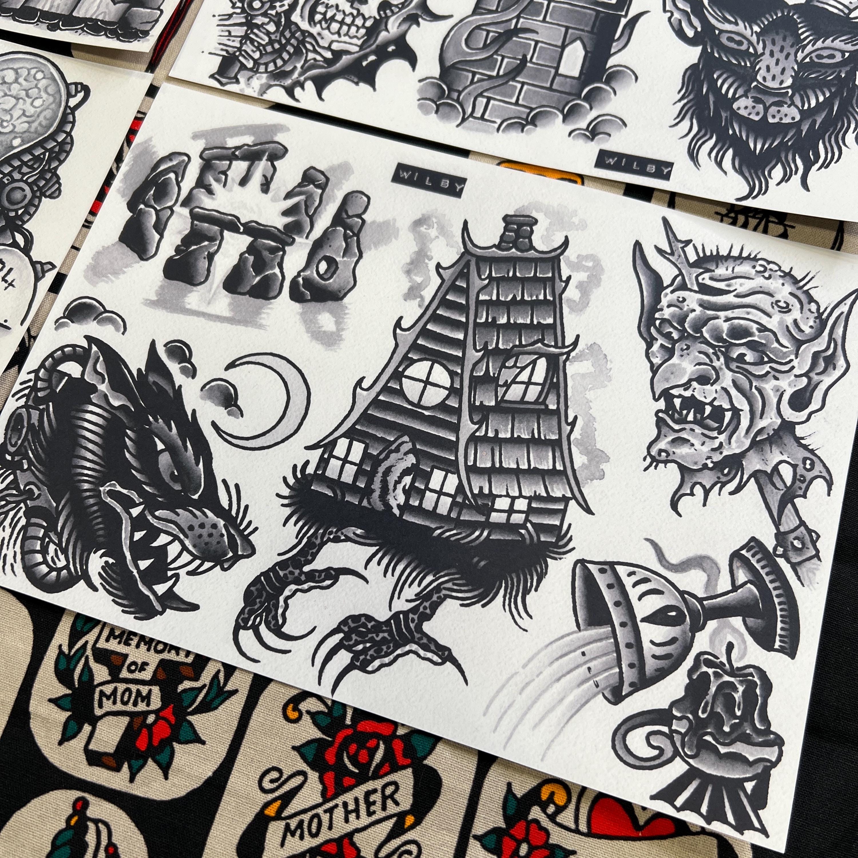 Blackwork Set 3 A4 TATTOO FLASH SHEET Set | Traditional Flash | Tattoo ...