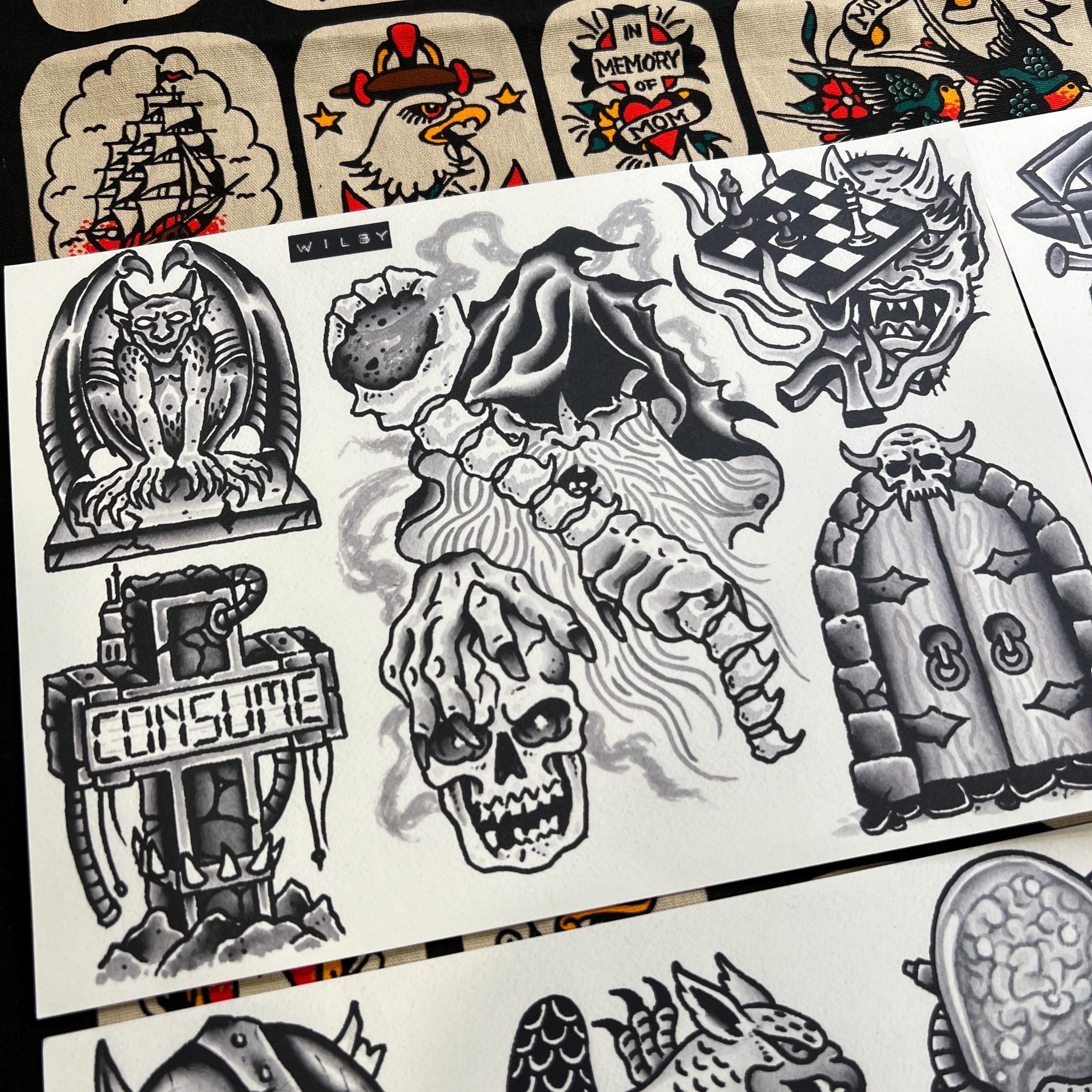Blackwork Set 3 A4 TATTOO FLASH SHEET Set | Traditional Flash | Tattoo ...