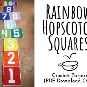 CROCHET PATTERN Rainbow Hopscotch Squares // crochet toy, crochet graph, crochet squares, games, toys, toddler game, rainbow, numbers,