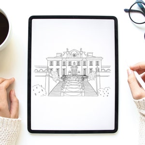 Custom Hand-Drawn Wedding Venue Illustration in Digital Black Ink