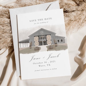 Printable Save The Date Template with Custom Hand-Drawn Watercolor Wedding Venue Illustration