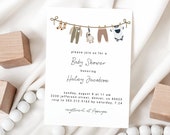 Minimal Baby Shower Invite with Hanging Clothes Graphic, Surprise Gender, Instant Digital Download