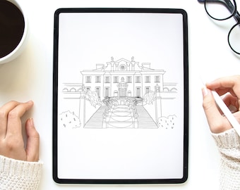 Aangepaste handgetekende trouwlocatie illustratie in digitale zwarte inkt