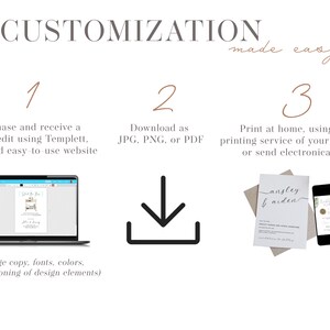 Peut inclure: Un guide en trois &eacute;tapes pour personnaliser une invitation de mariage &agrave; l'aide de Templett. Les &eacute;tapes sont&nbsp;: 1. Achetez et recevez un lien pour modifier &agrave; l'aide de Templett, un site Web gratuit et facile &agrave; utiliser. 2. T&eacute;l&eacute;chargez au format JPG, PNG ou PDF. 3. Imprimez &agrave; la maison, utilisez un service d'impression de votre choix ou envoyez par voie &eacute;lectronique. L'image montre un &eacute;cran d'ordinateur portable avec un mod&egrave;le d'invitation de mariage, une ic&ocirc;ne de t&eacute;l&eacute;chargement et une invitation de mariage imprim&eacute;e avec une enveloppe brune.