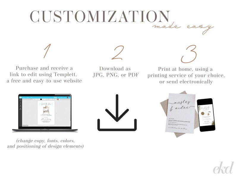 Peut inclure: Un guide en trois &eacute;tapes pour personnaliser une invitation de mariage &agrave; l'aide de Templett. Les &eacute;tapes sont&nbsp;: 1. Achetez et recevez un lien pour modifier &agrave; l'aide de Templett, un site Web gratuit et facile &agrave; utiliser. 2. T&eacute;l&eacute;chargez au format JPG, PNG ou PDF. 3. Imprimez &agrave; la maison, utilisez un service d'impression de votre choix ou envoyez par voie &eacute;lectronique. L'image montre un &eacute;cran d'ordinateur portable avec un mod&egrave;le d'invitation de mariage, une ic&ocirc;ne de t&eacute;l&eacute;chargement et une invitation de mariage imprim&eacute;e avec une enveloppe brune.