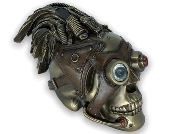 Steampunk Skull Head Human Skull with Rasta Hair Bronze plated Very Detailed Sculpture Veronese Design 14cm/5.51inches