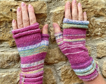 Hand Knitted Fingerless Gloves/Mittens/Wristwarmers :with  Shell Buttons, made in The Cotswolds