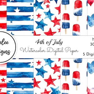 Independence Day, 4 juli patriottische aquarel digitaal papierpakket, papier rood wit blauwe strepen en sterren, hoge resolutie jpeg-bestanden