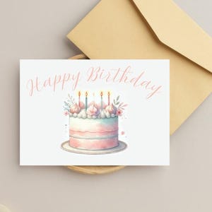 DRUCKBARE Pastell Aquarell Geburtstagskarte, alles Gute zum Geburtstag Karte, Pastel Geburtstagskuchen Karte, Print On Demand Karte, Blumen Geburtstagskuchenkarte