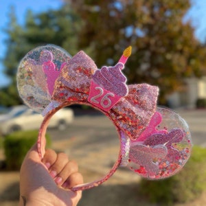 Birthday Minnie Mouse Ears Headband Customizable Sequin Bow Glitter Mouse Balloons Clear Ears