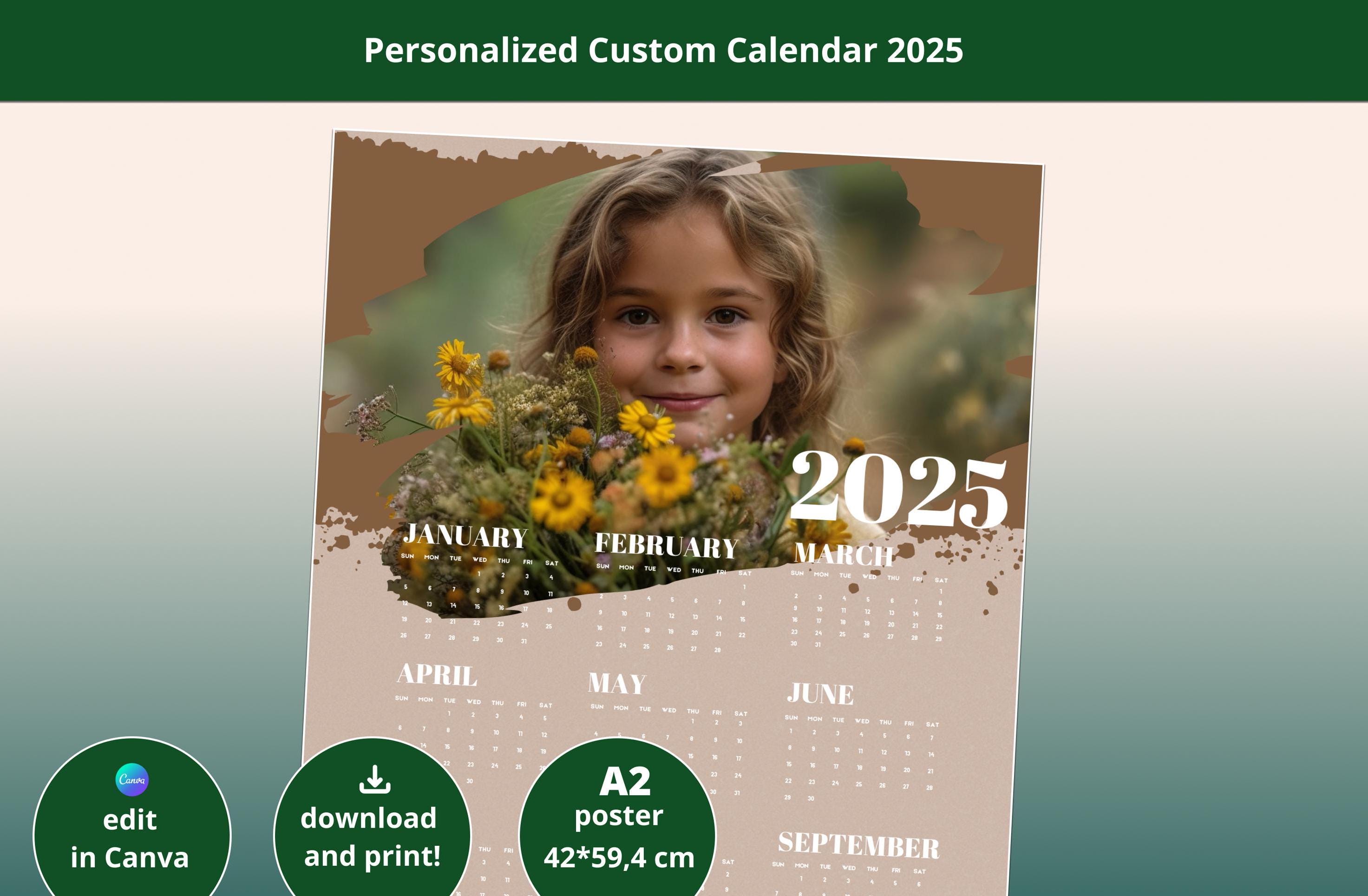 Editable Calendar Poster 2025 | Instant Download| Unique Customizable Calendar 2025 |Calendar with Your Photo | 2025 Year Calendar PDF