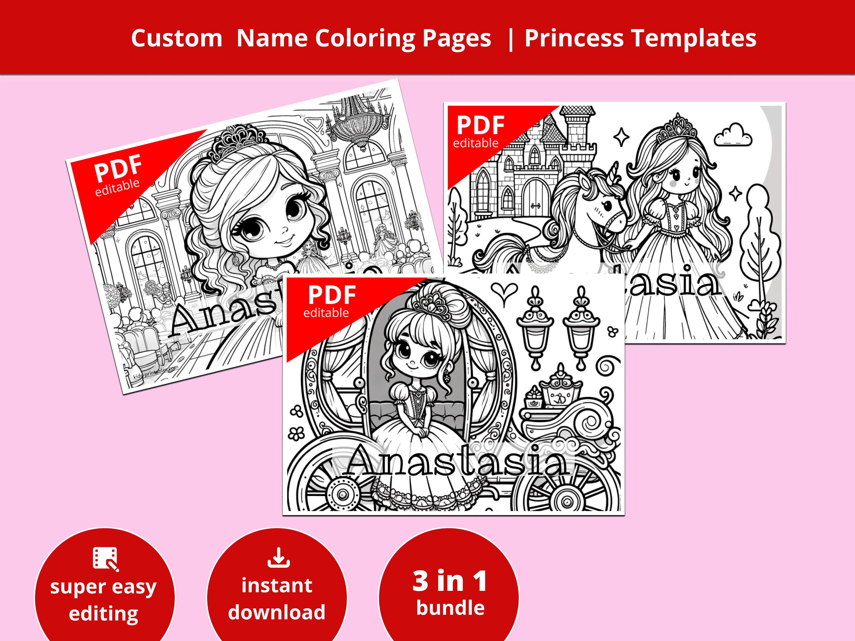 Editable Name Coloring Page Bundle Princess Templates Custom Name ...