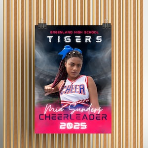 Modèle de toile de pom-pom girl | Poster Sports nocturnes pour seniors personnalisée | Poster photo modifiable | Bannière de joie et de danse | Poster photo personnalisé pour senior