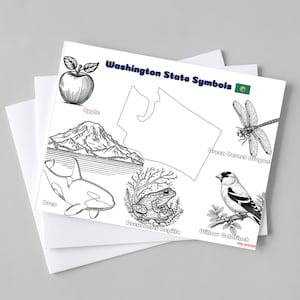 Kunstafdruk met symbolen van de staat Washington | Staat Washington Kleurplaat | Werkblad staatssymbolen | Dierenposter Washington | Werkbladen VS