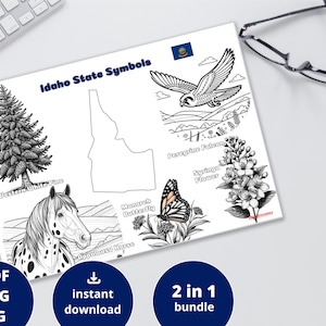 Idaho Coloring Page |United States Coloring| Idaho State Shape | Idaho State Symbols | Idaho State Animals Poster| USA Prints | Idaho Poster