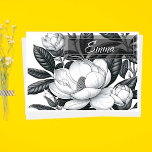 Página para colorir com nome personalizado | Página para colorir com orquídeas e flores de magnólia | Colorir para adultos | Página para colorir com seu nome para imprimir | PDF editável