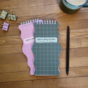 May include: Two small spiral notebooks with wavy edges. The notebook on the left is pink with the text "take a deep breath & write it down". The notebook on the right is green with the text "take a deep breath & write it down".