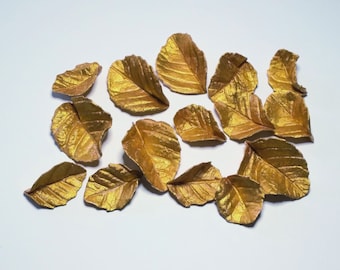 12 fondant/gum paste gold rose leaves for cake/cupcake decorations. Edible sugar leaf.