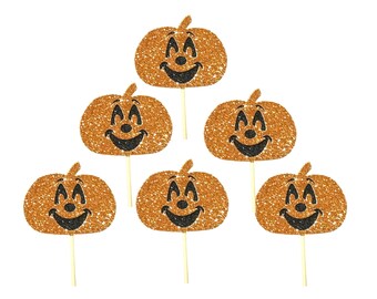 Cardstock pumpkin cupcake toppers. Set of 6 or 12 jack-o-lanterns with a smile