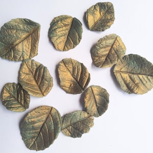 Fondant/gum paste greenish gold rose leaves for cake/cupcake decorations. Pearl sheen leaf cake topper.