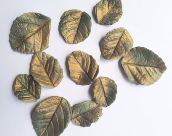 Fondant/gum paste greenish gold rose leaves for cake/cupcake decorations. Pearl sheen leaf cake topper.
