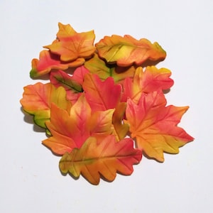 May include: A collection of fall-themed leaves in shades of orange, yellow, and red. The leaves are made of fondant and are perfect for decorating cakes or cupcakes.