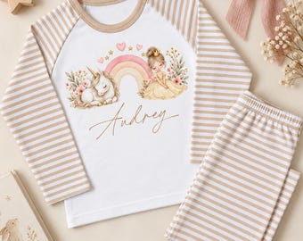 Personalised Unicorn Princess Pyjamas with Name, Beige Stripe Cotton Set