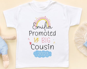 Promoted To Big Cousin Toddler Personalised Shirt Cousins Kids Personalized T-Shirt Gift Siblings Kids Top Older Cousin Girl Rainbow