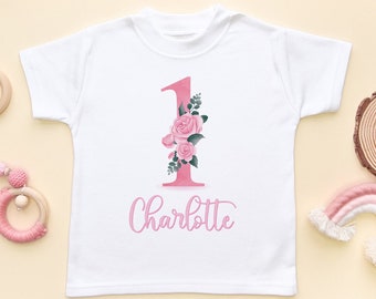 1st Birthday Girl Personalised Kids Shirt - Custom First Birthday Floral Toddler Tee - Floral Pink Theme Tshirt Gift