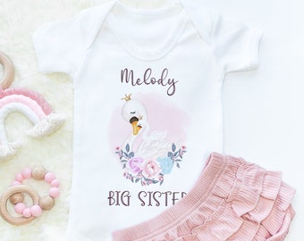 Big Sister Personalised Baby Onesie Custom Name Bodysuit Cute Kids Clothing Toddler Baby Grow Vest Big Sis Baby Shower Gift Swan