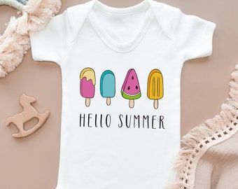 Bonjour Été Bébé Onesie Crème glacée Bébé Body mignon Moderne Bébé Onesie Cadeau d’été pour les parents Graines de pastèque Sunshine Vacay Vacances