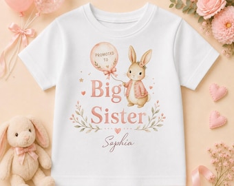 Personalised Promoted to Big Sister Bunny Balloon T-Shirt, Reveal Tee
