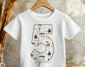 Camiseta personalizada para el 5º cumpleaños, camiseta de safari para niños pequeños, regalo para niños de cinco años