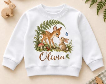 Personalised Woodland Deer and Rabbit Sweatshirt with Name, Green Fern Forest Animals Kids Jumper