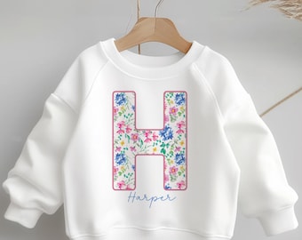 Personalised Name Kids Sweatshirt - Custom Toddler Clothing - Flower Theme Girl Jumper - Children Gift Name With Initial - Floral Sweater