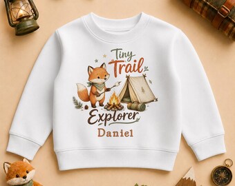 Personalised Tiny Trail Explorer Fox Sweatshirt with Name, Camping Tent and Campfire Kids Jumper