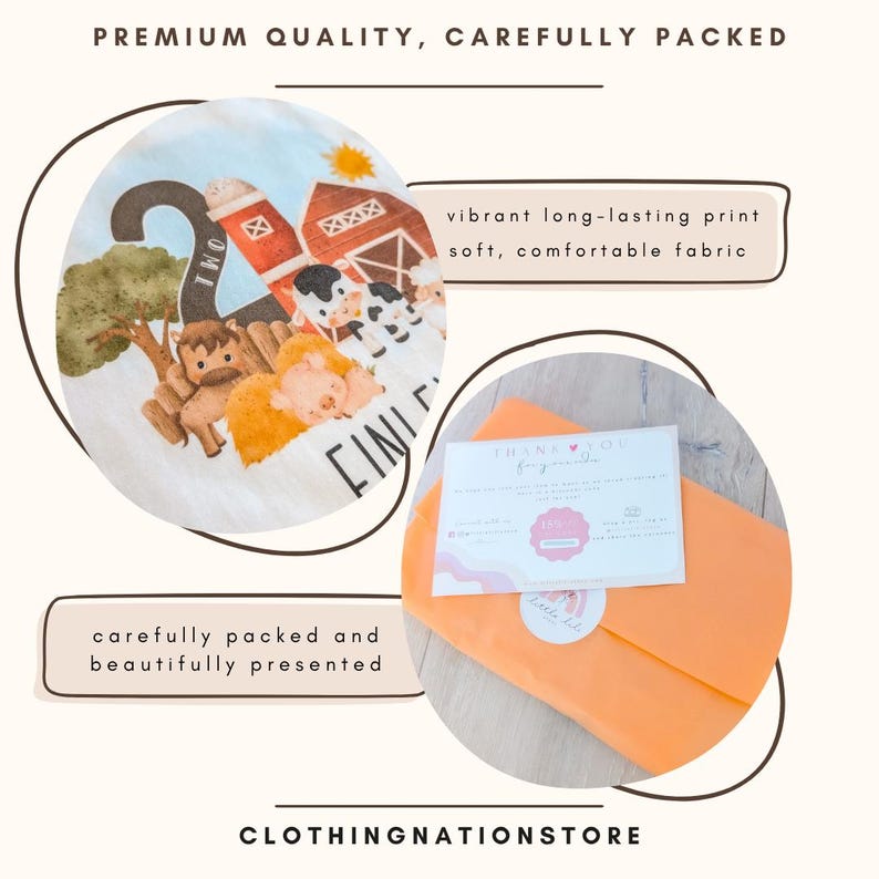 The image is a collage of two images, one depicting a printed image and the other showing a thank you note. The text highlights the premium quality of the printed image, the vibrant long-lasting print, and the soft, comfortable fabric. The thank you note is carefully packed and beautifully presented, and the clothing store is mentioned at the bottom of the image.