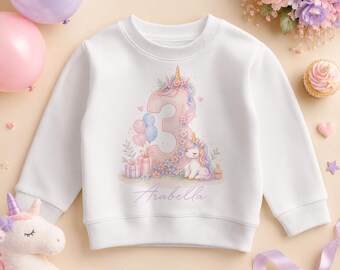 Personalised 3rd Birthday Unicorn Sweatshirt, Pink Number Three and Castle Kids Jumper with Name