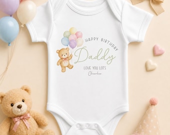 Personalised Happy Birthday Daddy Baby Bodysuit with Name, Teddy Bear and Pastel Balloons Vest