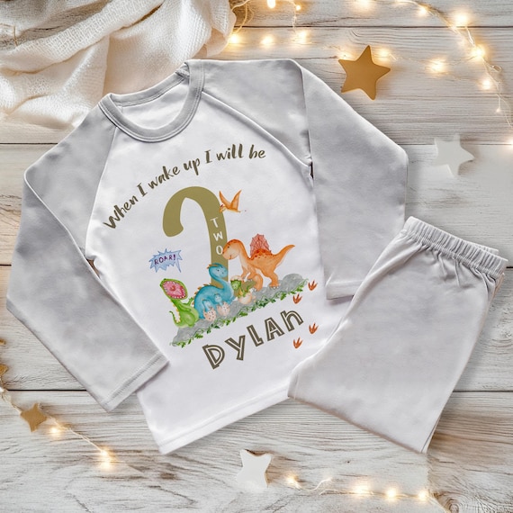 Personalised Dinosaur 2nd Birthday Pyjamas When I Wake Up I’ll Be Two  2nd Birthday PJs Set for Boys Custom Name Sleepwear Gift