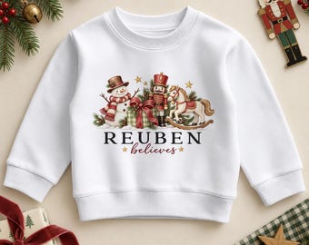 Christmas Jumper, Snowman, Nutcracker and Rocking Horse, Name Believes Kids Sweater