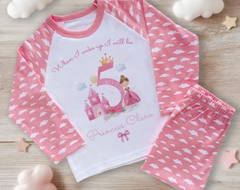 Personalised 5th Birthday Pyjamas, Princess Girl Kids PJ Set, Five Year Old Gift