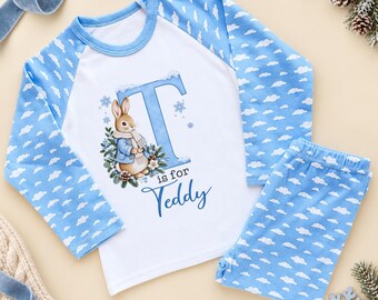 Personalised Blue Cloud Winter Bunny Pyjamas for Boys with Snowy Initial and Name