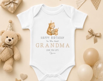 Personalised Happy Birthday Grandma Baby Bodysuit, Teddy Bears
