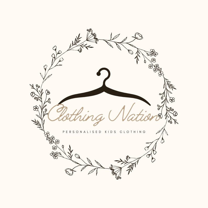 a logo for a clothing brand called "Clothing Nation". The logo consists of a hanger silhouette within a wreath-like design, surrounded by floral elements. The text "Clothing Nation" is written in a cursive font, and "Personalised Kids Clothing" is written below the hanger.